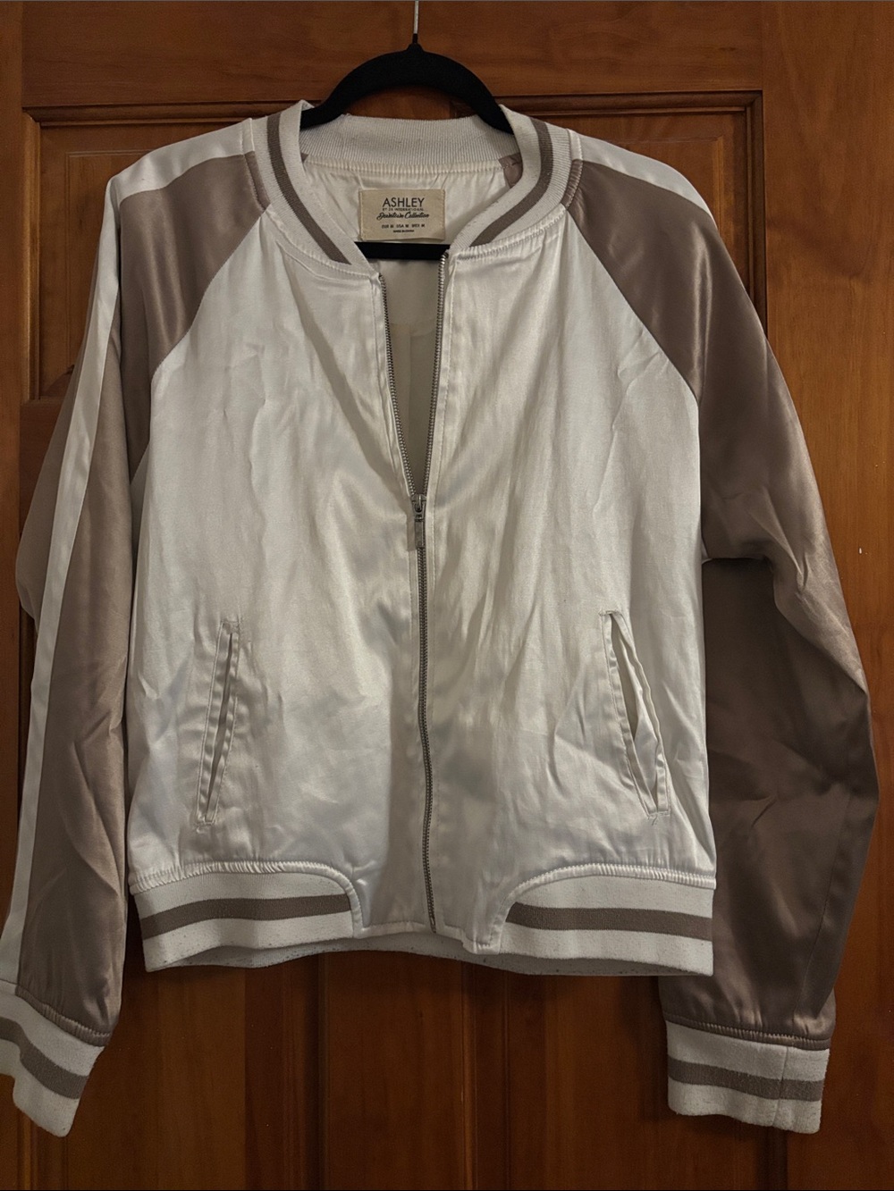 Ashley By 26 International Satin Bomber Jacket in White and Taupe